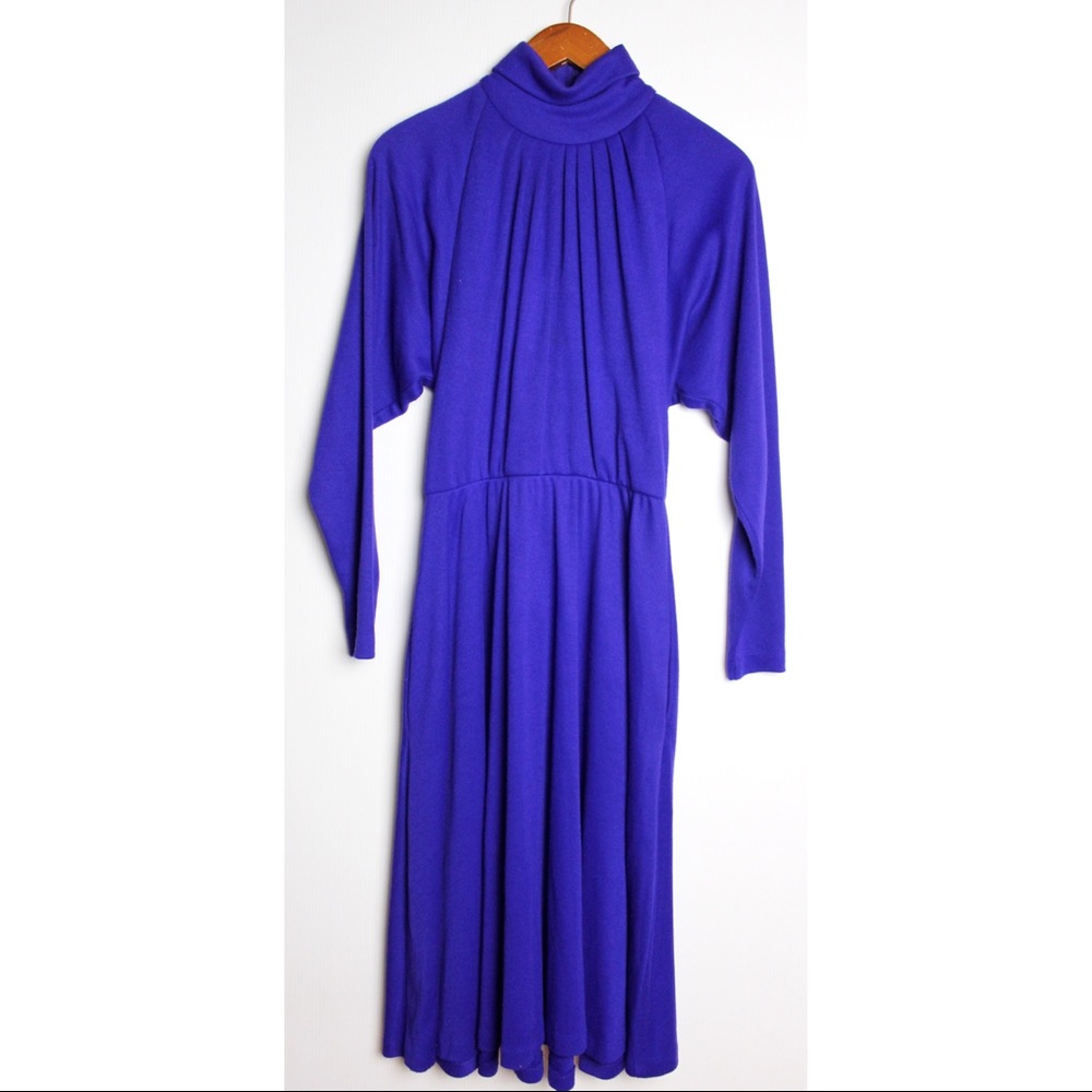 Vintage 80's Purple Knit Mock Neck Pleated Dress